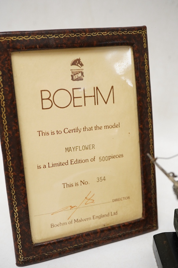 A modern miniature silver limited edition model of the Mayflower sailing ship, by Boehm of Malvern England, Birmingham, 1987, on a marble and wooden plinth base, no. 354/500, ship dimensions length 13cm, height 13.5cm, w